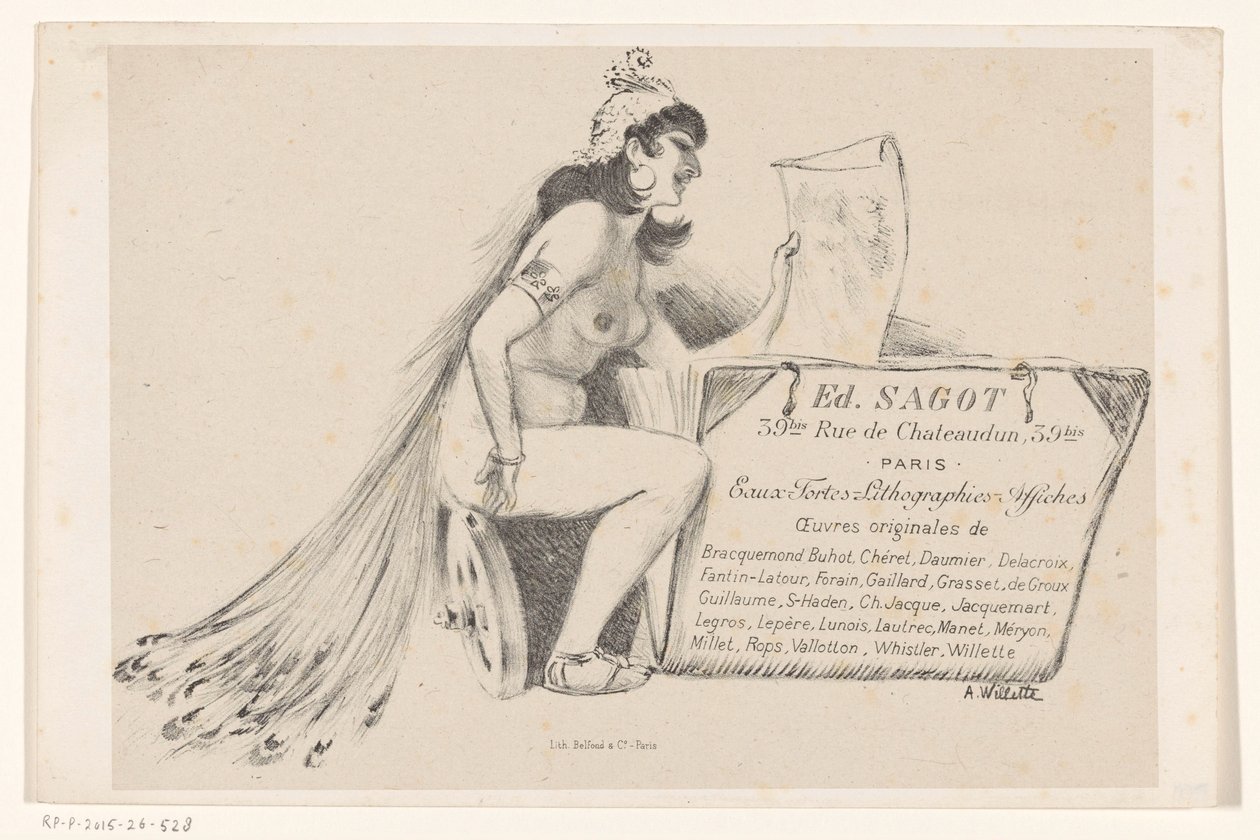Visitkort fra trykkerihandler Edmond Sagot i Paris af Adolphe Leon Willette