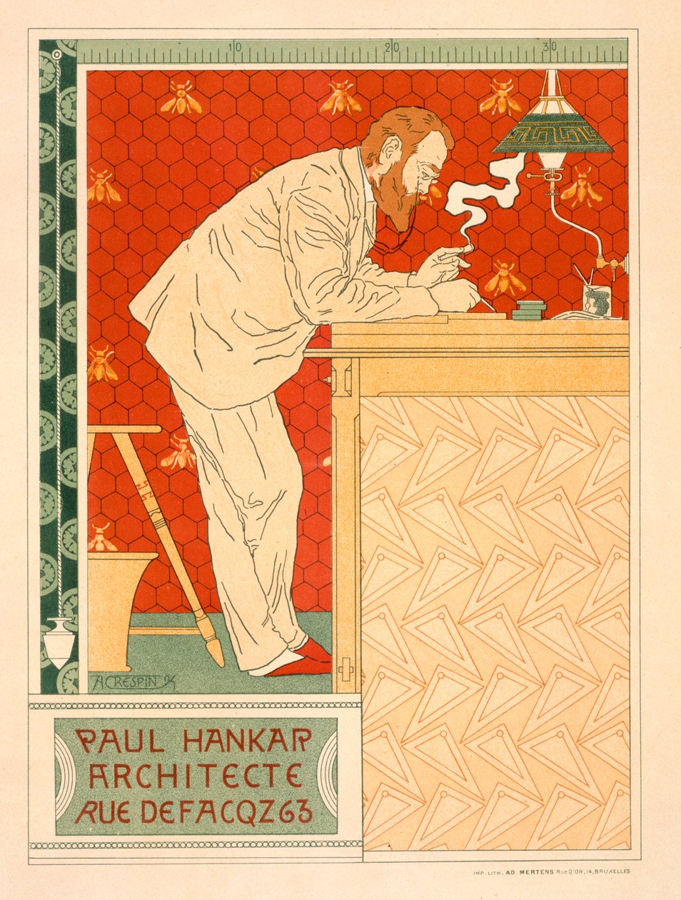 Reproduktion af en plakat, der reklamerer for Paul Hankars arkitektfirma, 1894 af Adolphe Louis Charles Crespin