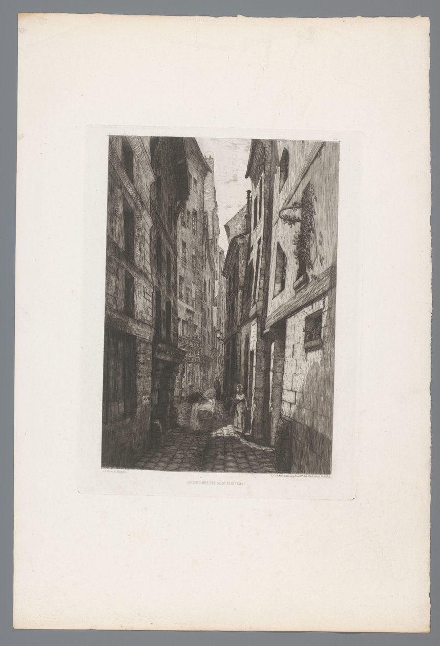 Udsigt på Rue Saint Eloi Old Paris Rue Saint Eloi (titel på objekt) Frankrig etsen uit 1874 (serietitel) Raderingen i 1874 (serietitel) af Adolphe Martial Potemont