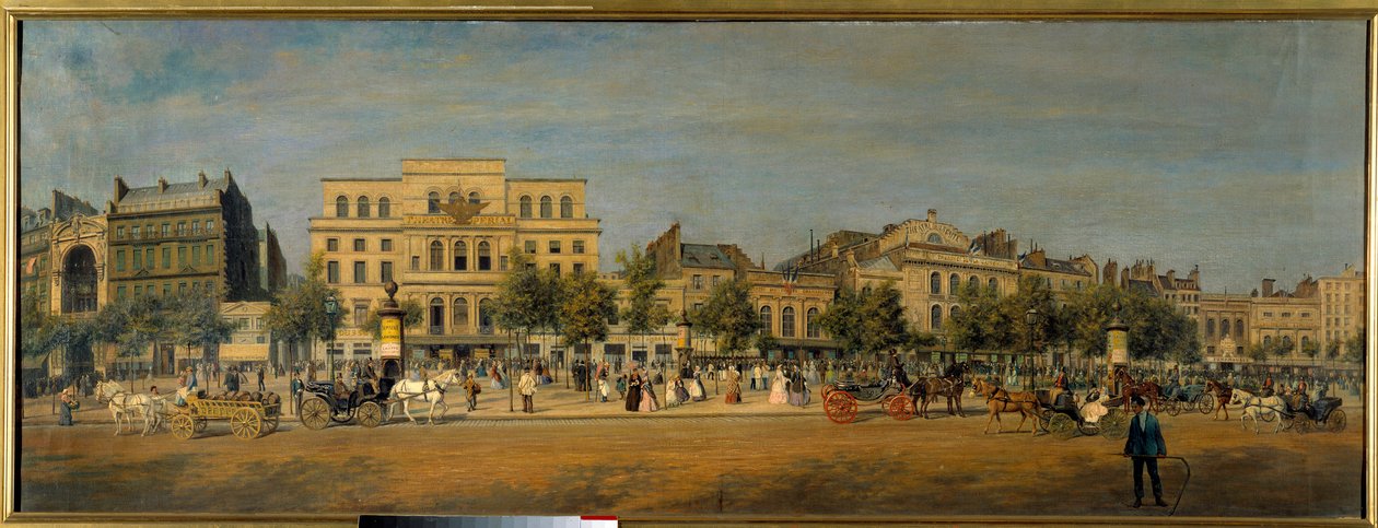 Transformationer af Paris under det andet imperium, Haussmann Paris: "" Generelt billede af teatrene på boulevard du Temple (Gaite, Imperial) før gennemboringen af boulevarden Prince Eugene (nuværende boulevard Voltaire)"" Maleri af Adolphe Potemont ( af Adolphe Martial Potemont