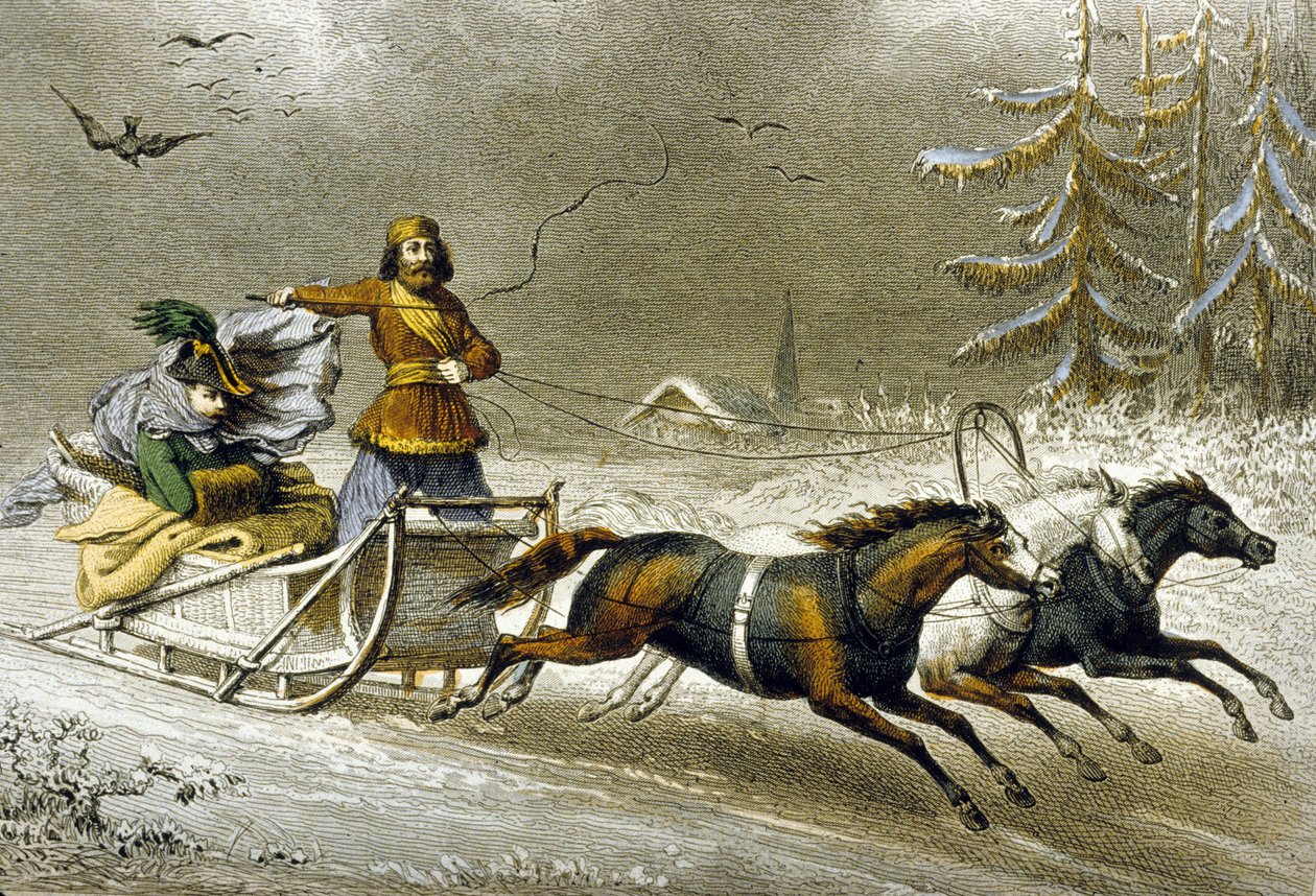 En slæde i sneen, Rusland (farvegravering) af Adolphe Rouargue