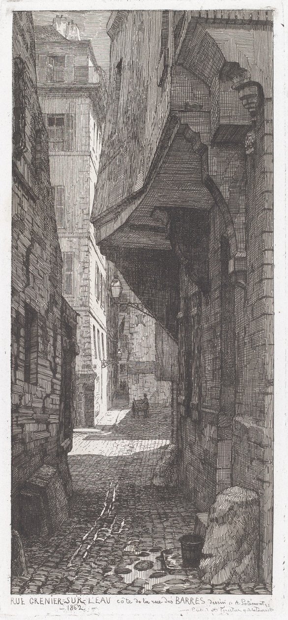 Rue Grenier ved vandet, ved siden af ​​rue des Barres af Adolphe Théodore Jules Martial Potémont