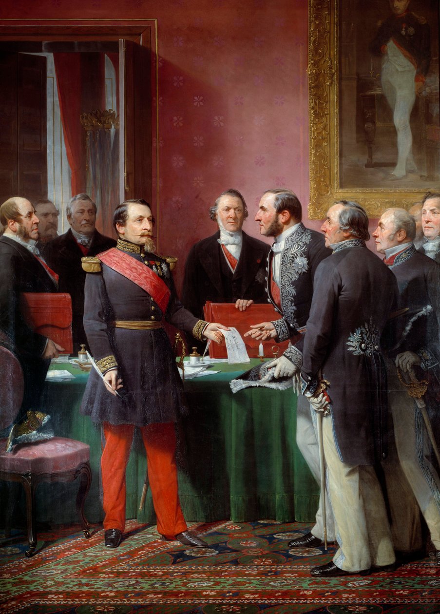 Kejser Napoleon III (1808-1873) overgav til baron Georges Haussmann (1809-1891) dekretet om annektering af nabokommunerne i juni 1859 af Adolphe Yvon