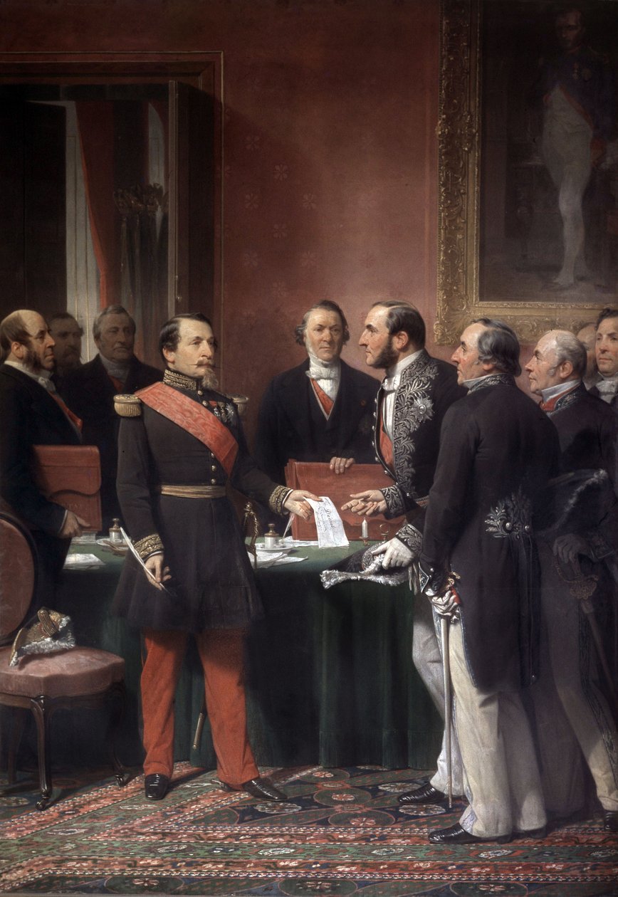 Fransk kejser Napoleon III gav til Baron Haussmann dekret om annektering af forstæder i Paris i juni 1859 af Adolphe Yvon