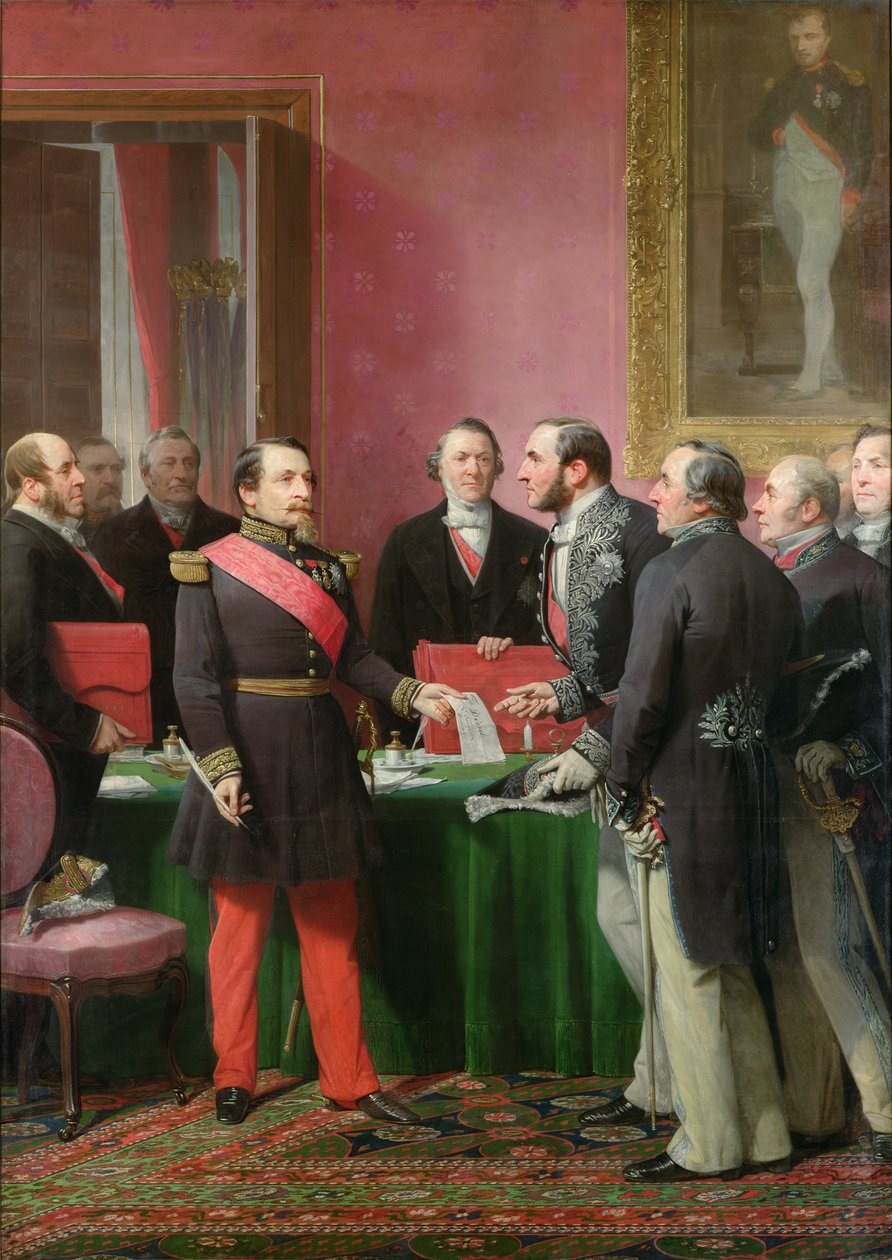 Napoleon III (1808-73) overdrager dekretet, der tillader annektering af forstadskommunerne i Paris til baron Georges Haussmann (1809-91) i juni 1859 af Adolphe Yvon