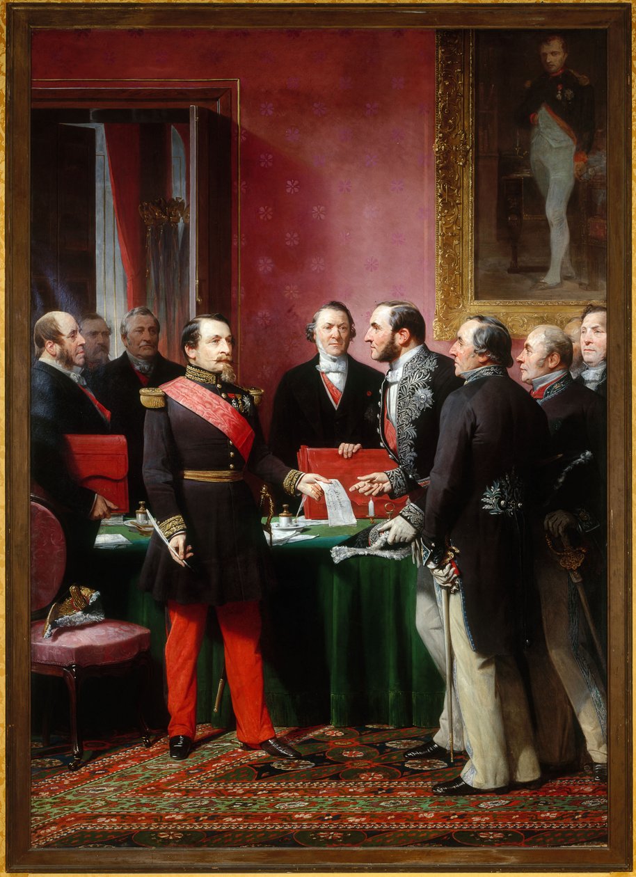 Napoleon III overrækker Baron Haussmann dekretet om annektering af nabokommunerne (16. februar) af Adolphe Yvon