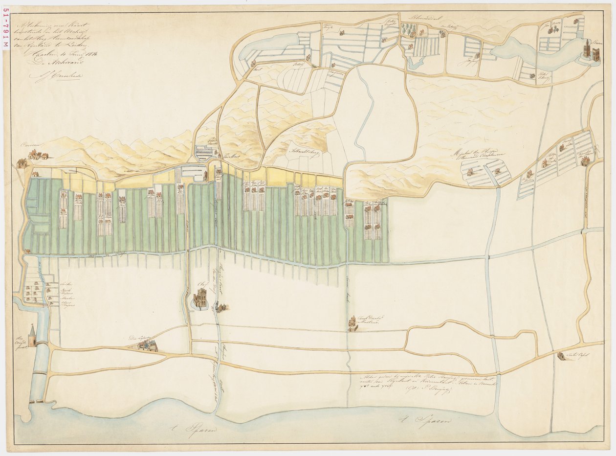 1870 kopi af kort fra 1599 over Haarlem blegemarker nær Bloemendaal af Adriaan Justus Enschedé