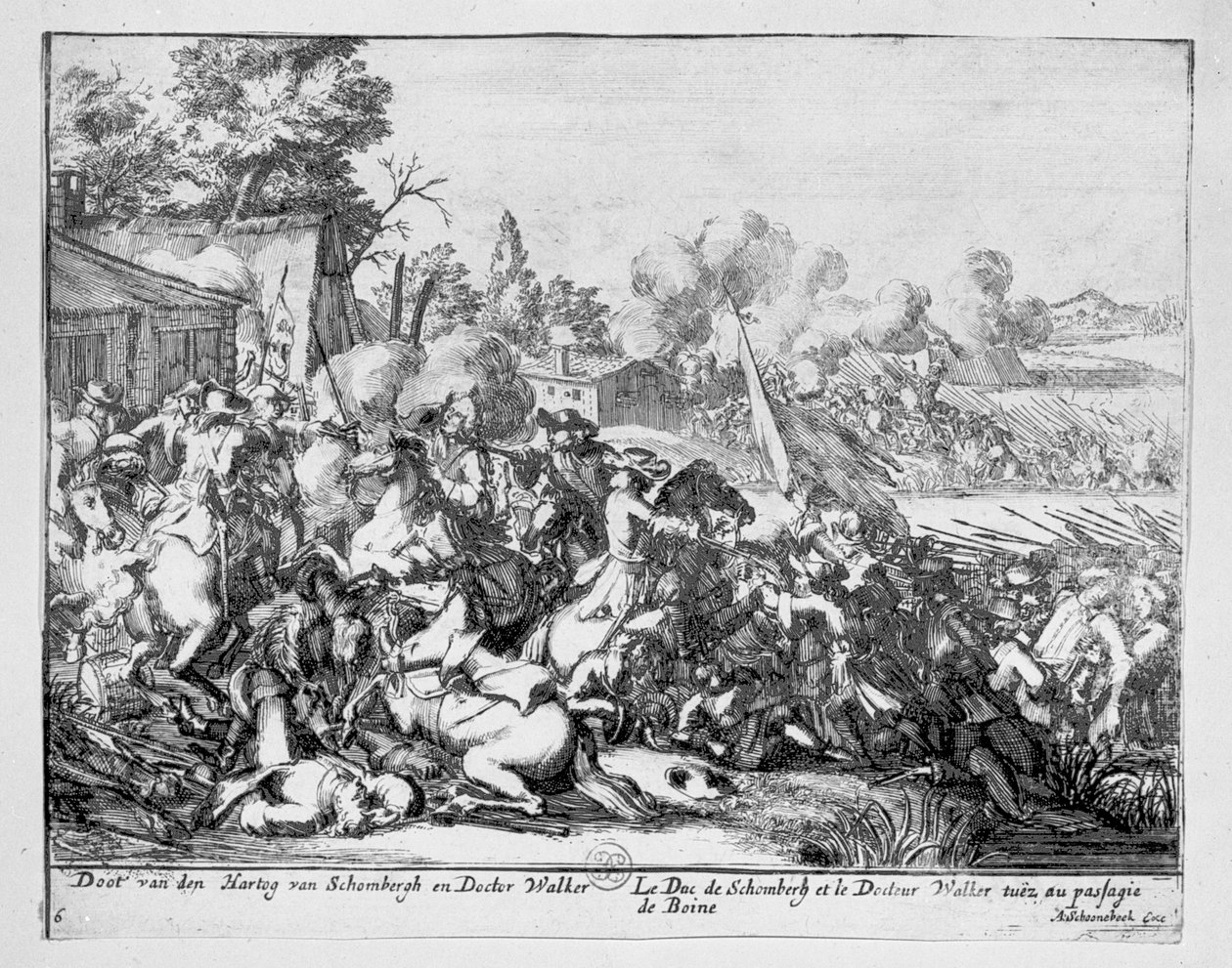Duc de Schomberg og Doctor Walker bliver dræbt i slaget ved Boyne, 1690 af Adriaan Schoonebeek