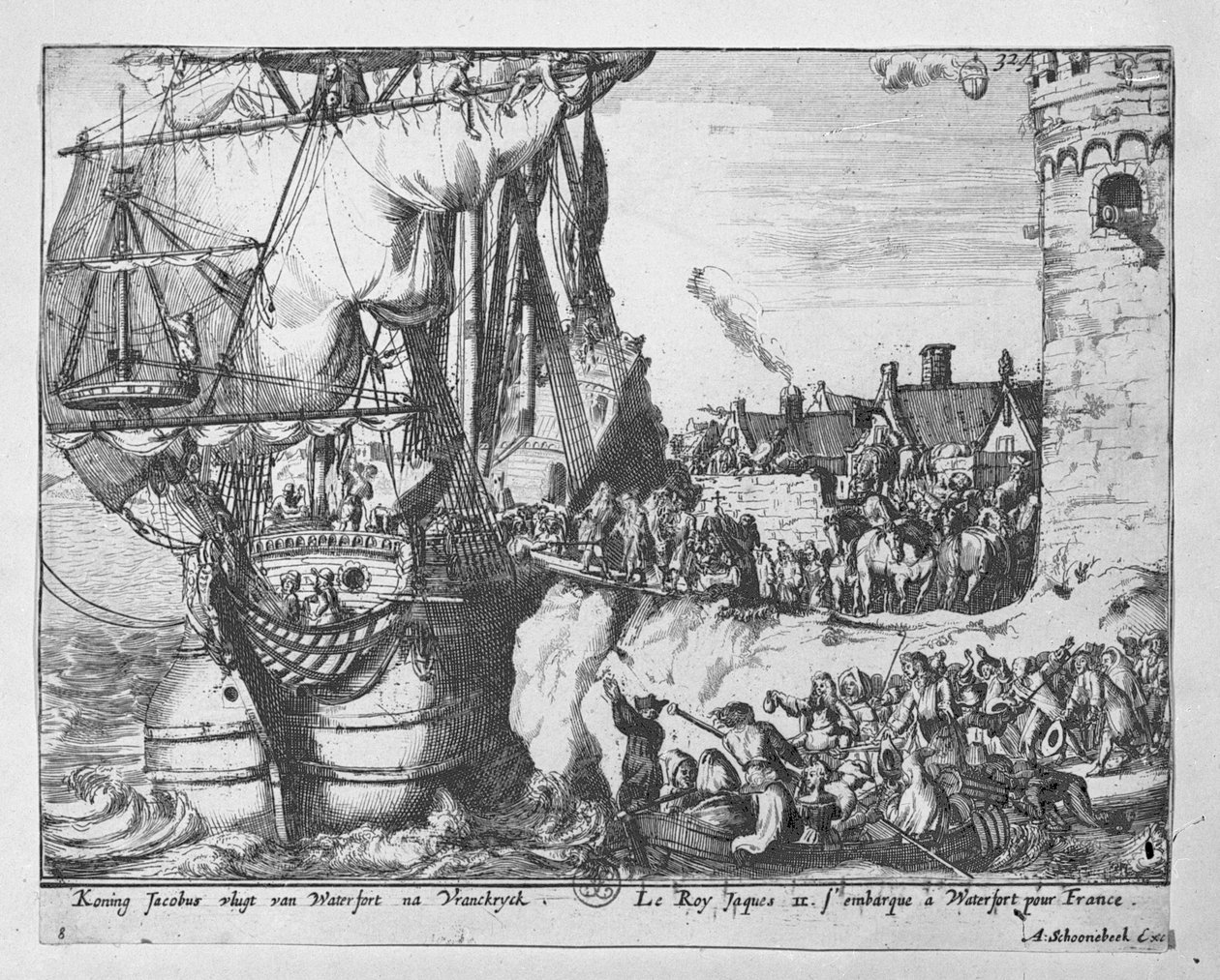 King James forlader Irland efter nederlag i slaget ved Boyne, 1690 af Adriaan Schoonebeek