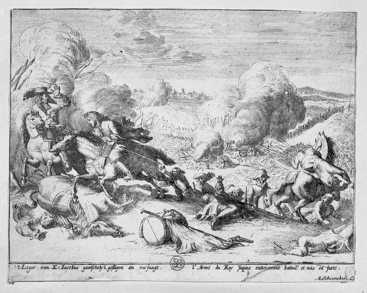 King Jamess tropper bliver besejret i slaget ved Boyne og flygter, 1690 af Adriaan Schoonebeek