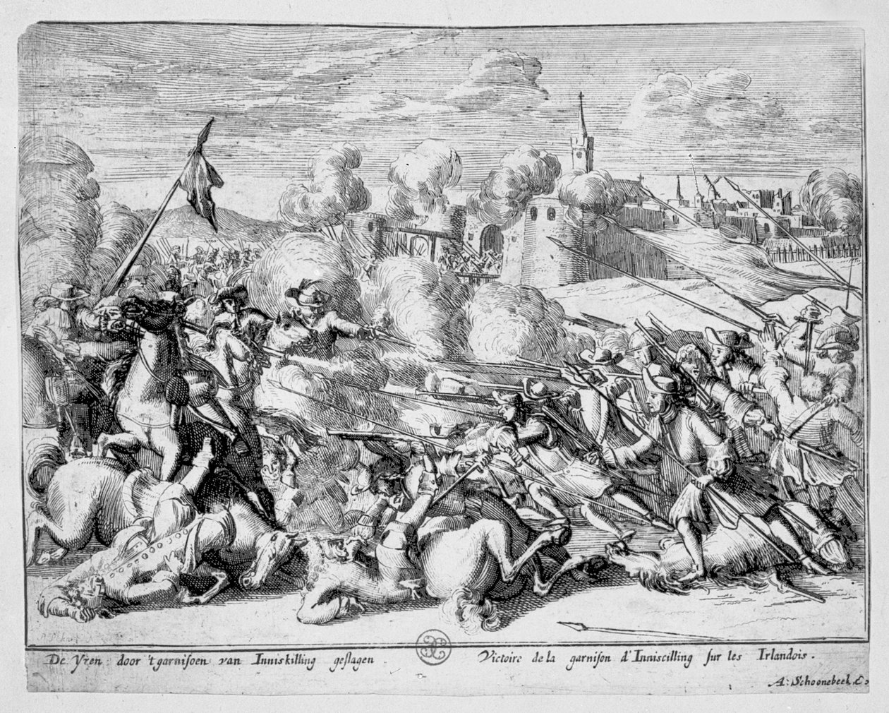 Garnisonen i Enniskillen forsvarer byen fra James II, 1689 af Adriaan Schoonebeek
