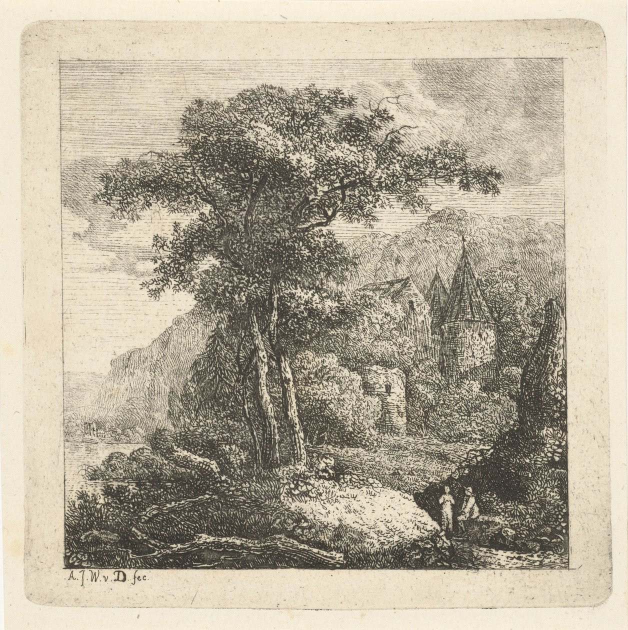 Bjerglandskab med træer, slot og to figurer af Adriaan Jacob Willem van Dielen