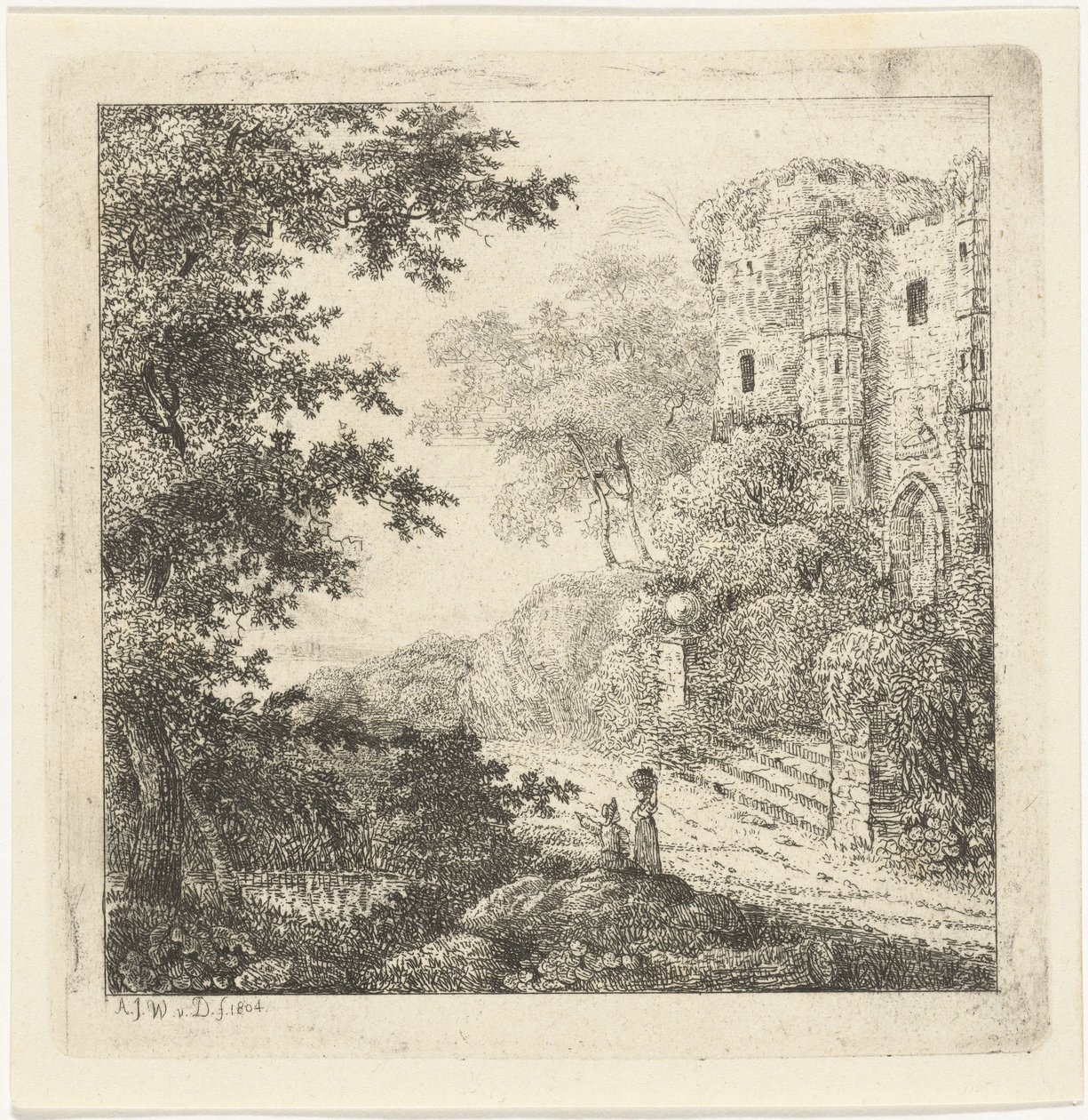 Landskab med figurer ved ruinerne af et slot af Adriaan Jacob Willem van Dielen
