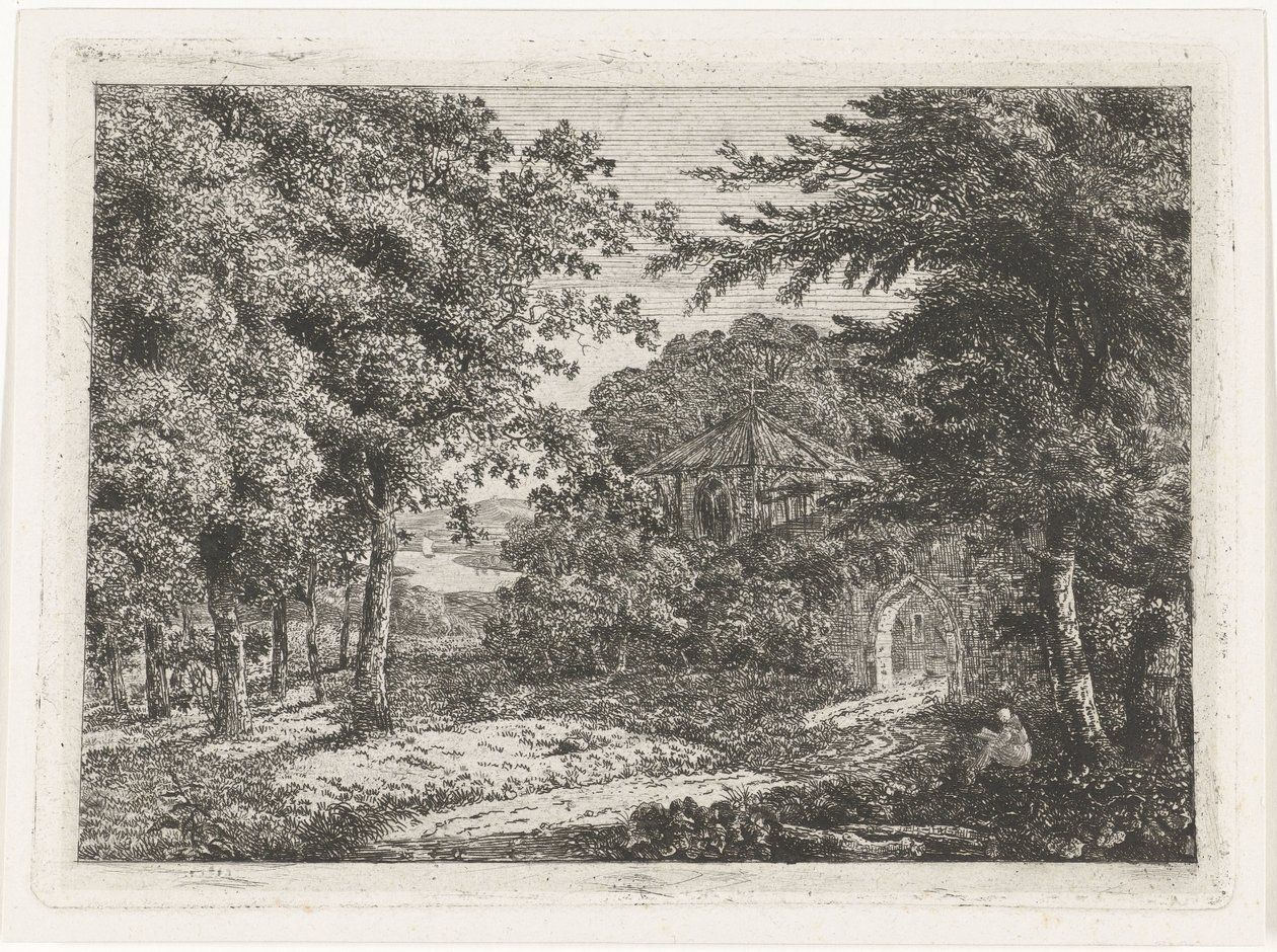 Landskab med kapel blandt træer og munkelæsning af Adriaan Jacob Willem van Dielen