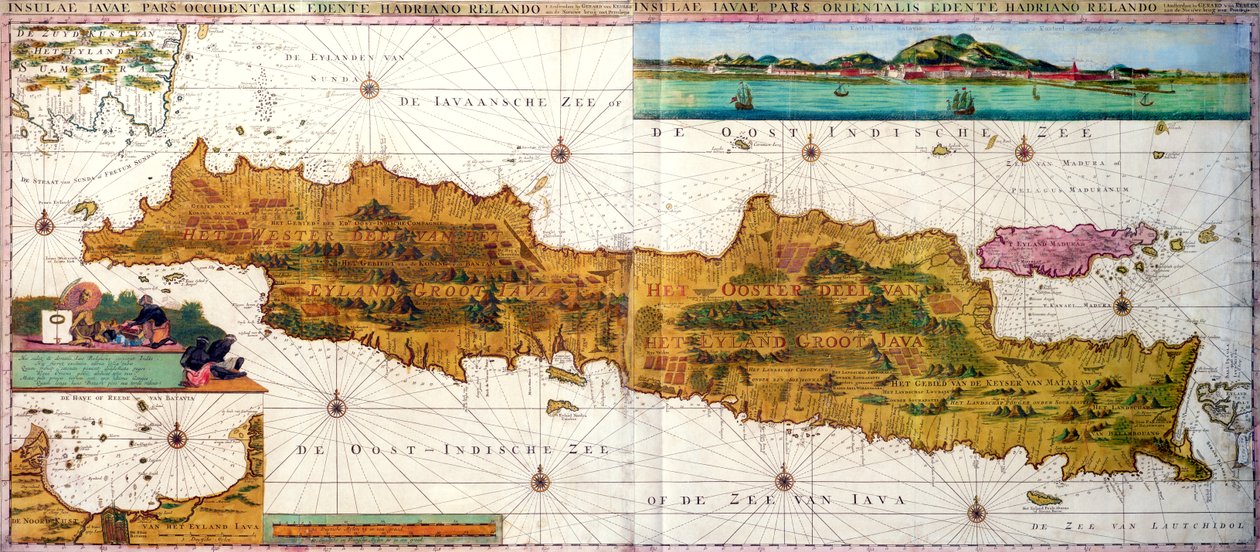 Insulae lavae, et stort foldekort over Java med to indsættelser, der begge viser udsigt over Batavia (Jakarta) hollandsk, udgivet af Gerard van Keulen, Amsterdam, ca. 1715 (farvet gravering) af Adriaan Reland