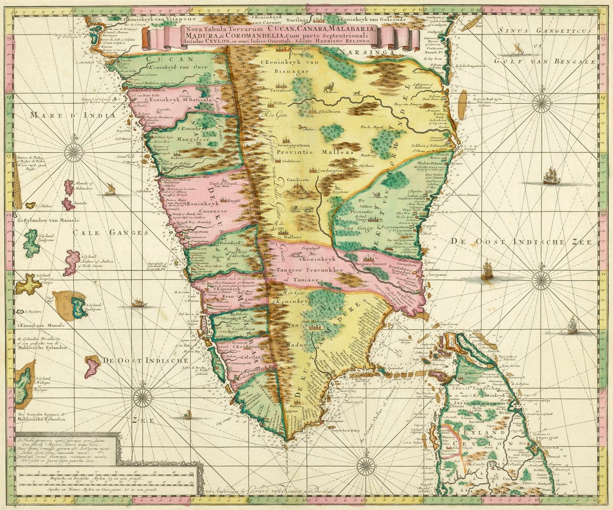 Kort over det sydlige Indien og Ceylon, efter et værk lavet omkring 1720 af den hollandske kartograf Adriaan Reland af Adriaan Reland