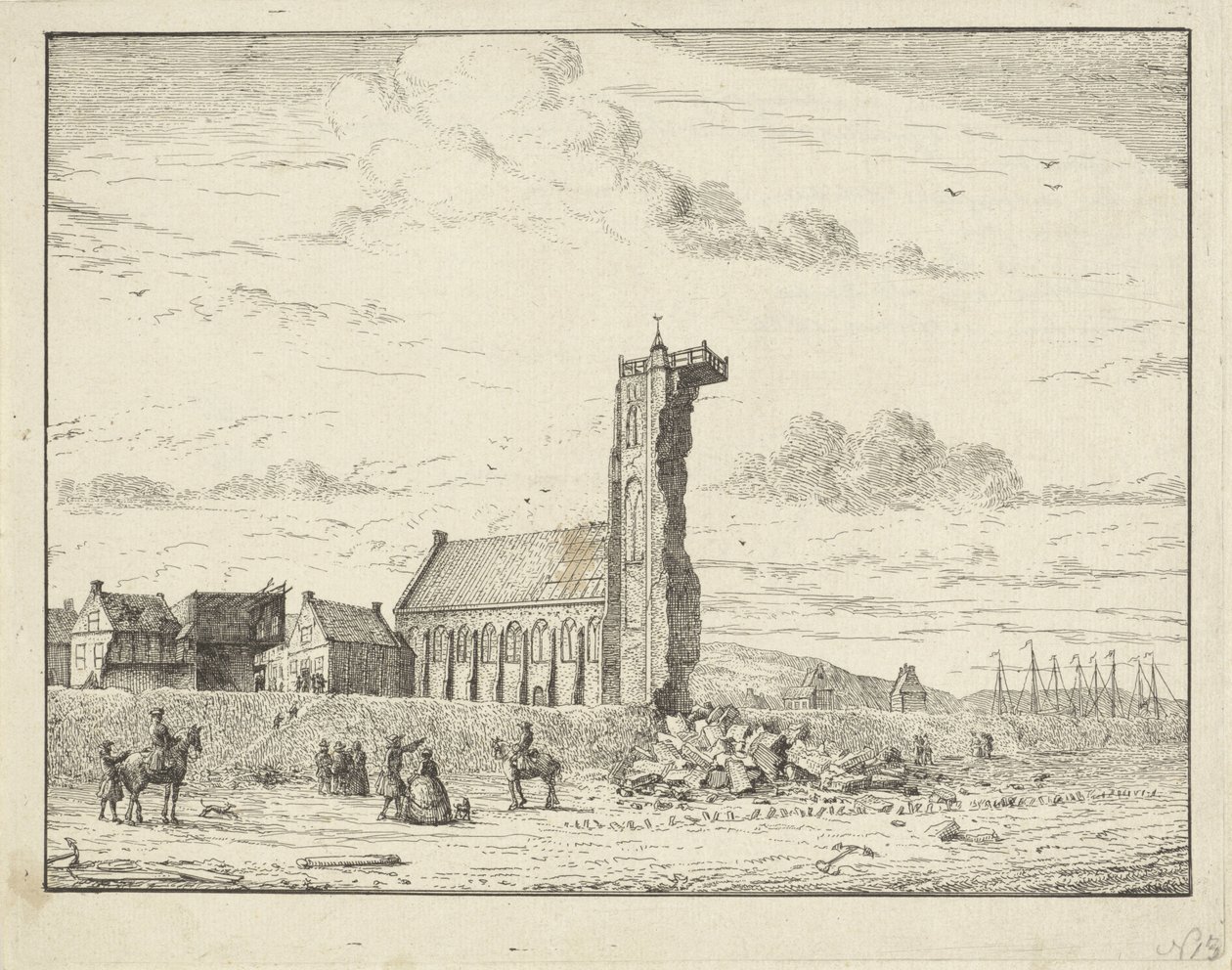 Sammenstyrtet tårn ved Egmond aan Zee, 1741 af Adriaan Spinder