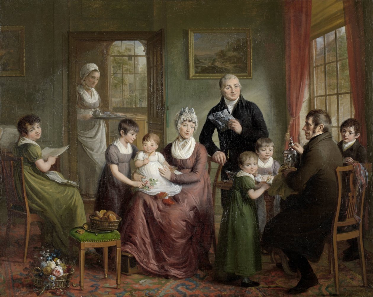 Portræt af Adrianus Bonebakkers familie med Dirk L. Bennewitz Portræt af familien til Adrianus Bonebakker og hans partner D.L. Bennewitz af Adriaan de Lelie (signed by artist)