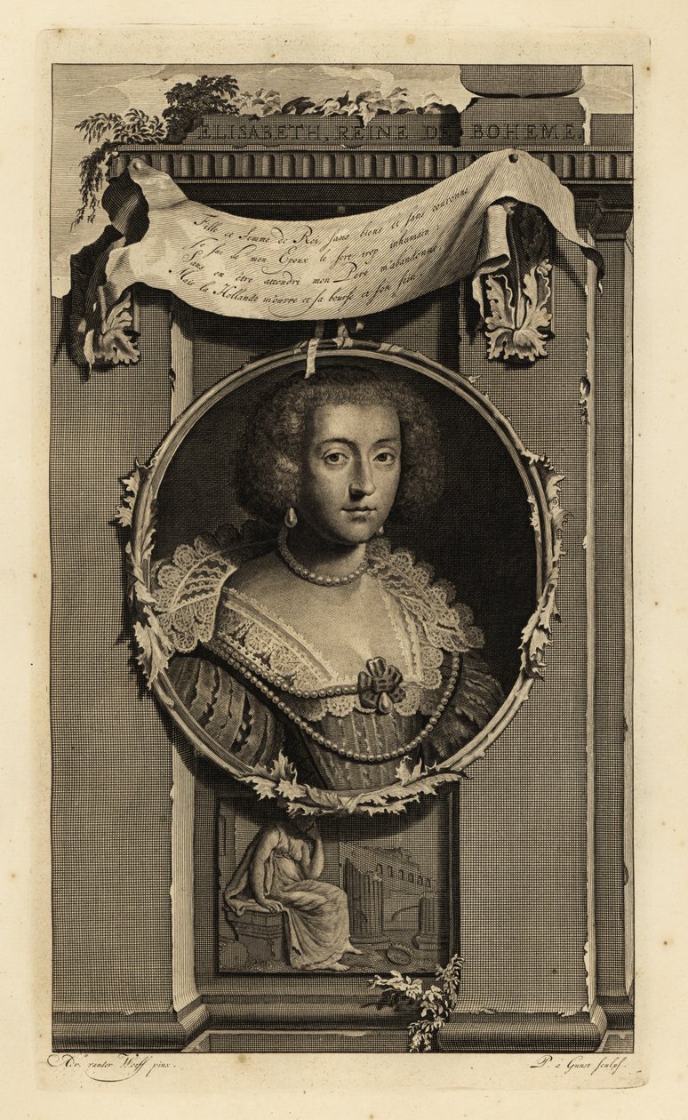 Elisabeth Stuart, dronning af Bøhmen, kurfyrst af Pfalz, hustru til Frederik V, Vinterkongen. Elisabeth, Reine de Boheme. I kjole med ganske skårne ærmer, blondekrave med perler. Vignette af kvinde, der overvejer en falden krone. Kobberstik gravering af Adriaan van der (after) Werff