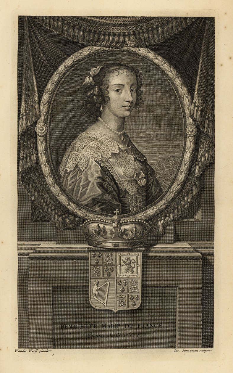Henrietta Maria Ranskasta, Englannin kuninkaan Kaarle I:n vaimo. Henriette Marie de France. Mekossa pitsikaulus, helmikaulakoru. Kruunu ja vaakuna. Charles Simonneaun kuparikaiverrus Adriaen van der Werffin mukaan Isaac de Larreyn teoksesta H af Adriaan van der (after) Werff