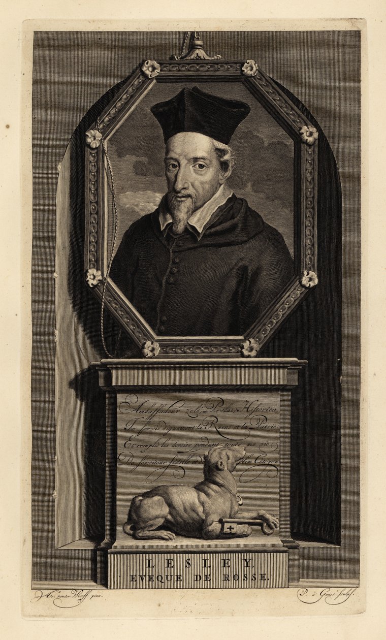 John Lesley, skotsk historiker og biskop af Ross. biskop af Rosse. Hund med nøgle. Kobberstik af Pieter Stevens van Gunst efter Adriaen van der Werff fra Isaac de Larreys Histoire d