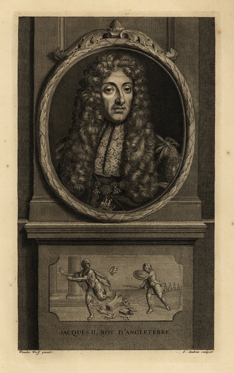 Englannin kuningas James II, Skotlannin James VII, Jacques II Roy d’Angleterre. Peruukki, pitsihuivi, ketju Pyhän Yrjön ja lohikäärmeen hahmolla. Vinjetti näyttää Rooman keisarin menettävän kruununsa sotilaalle. Jean Audranin kuparikaiverrus mainoksen jälk af Adriaan van der (after) Werff