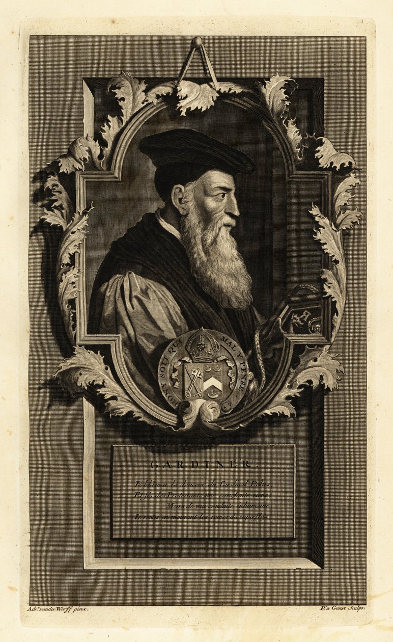 Portræt af Stephen Gardiner, biskop af Winchester og politiker. Med våbenskjold. Kobberstik af Pieter Stevens van Gunst efter Adriaen van der Werff fra Isaac de Larreys Histoire d