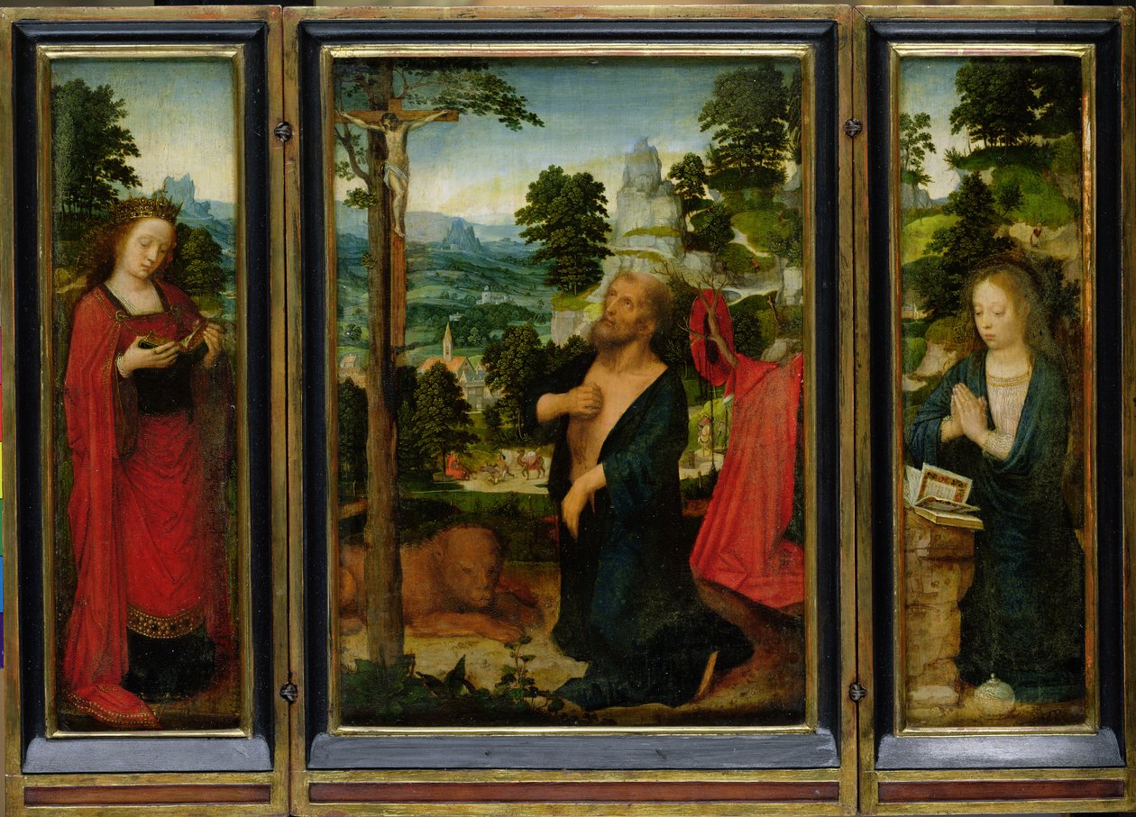 Triptykon med Sankt Hieronymus, Sankt Katarina og Maria Magdalena af Adriaen Isenbrandt or Isenbrant