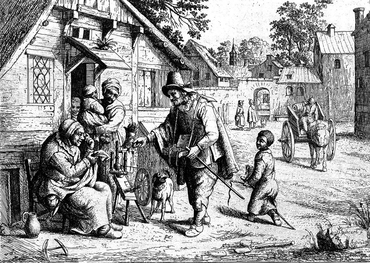 En brillepedler, der viser sine varer til en gammel kvinde af Adriaen Jansz. van Ostade