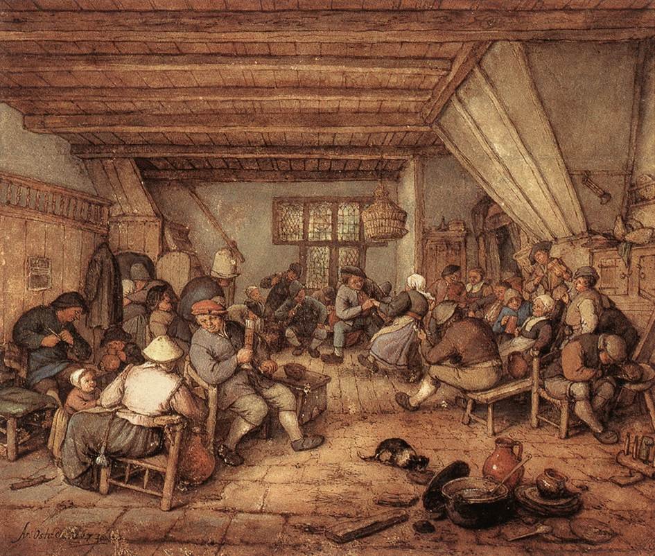 Landmænd, der danser, drikker og laver musik på en kro af Adriaen Jansz. van Ostade