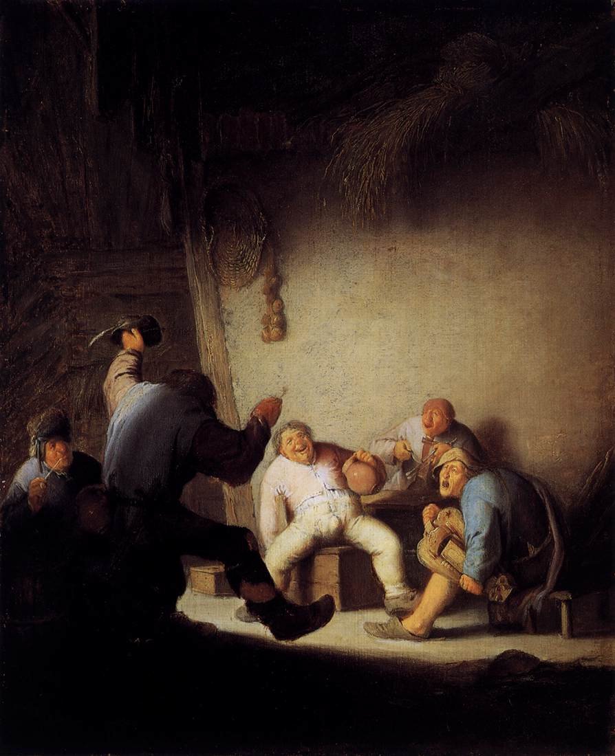 Bønder, der drikker og laver musik i en stald af Adriaen Jansz. van Ostade