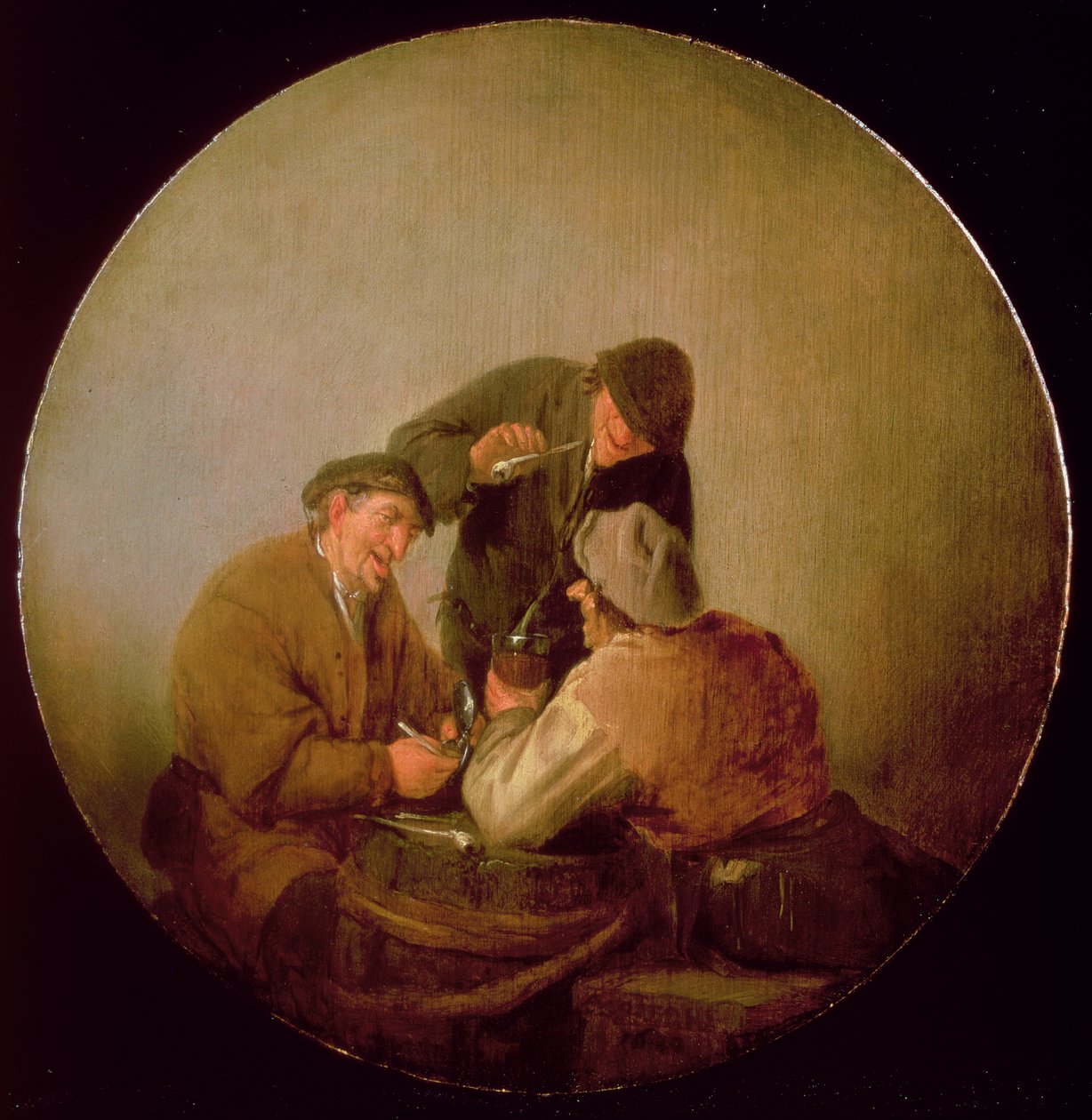 Tre bønder, der drikker og ryger i et indre af Adriaen Jansz. van Ostade