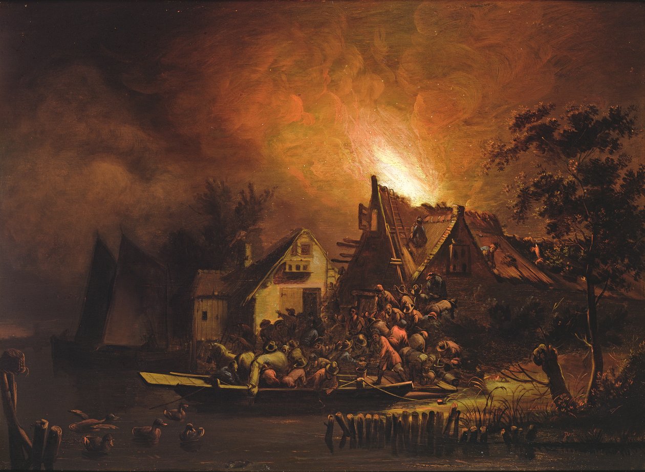 Landsbyboere kæmper for at slukke en sommerhusbrand af Adriaen Lievensz van der Poel