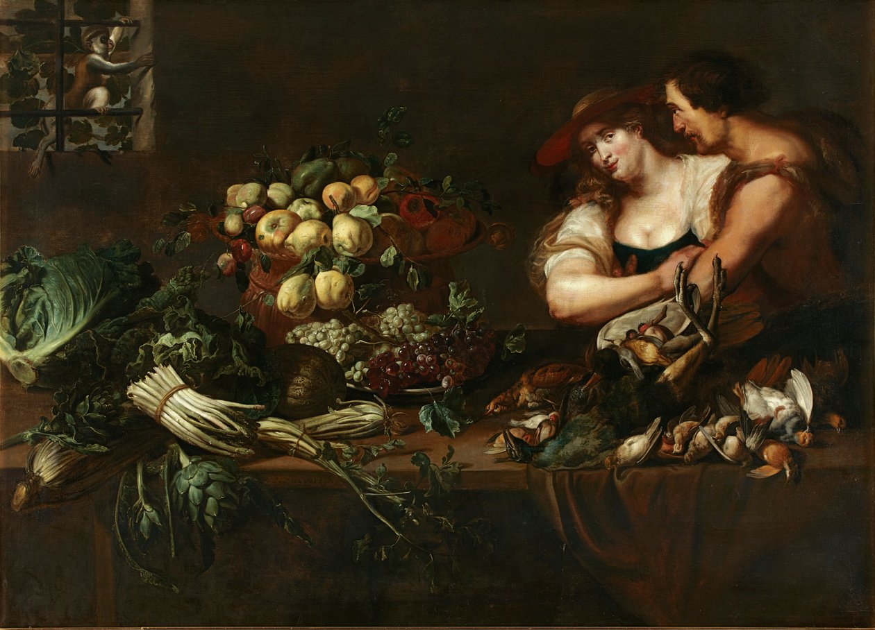 Et køkken stilleben med figurer af Adriaen van Utrecht