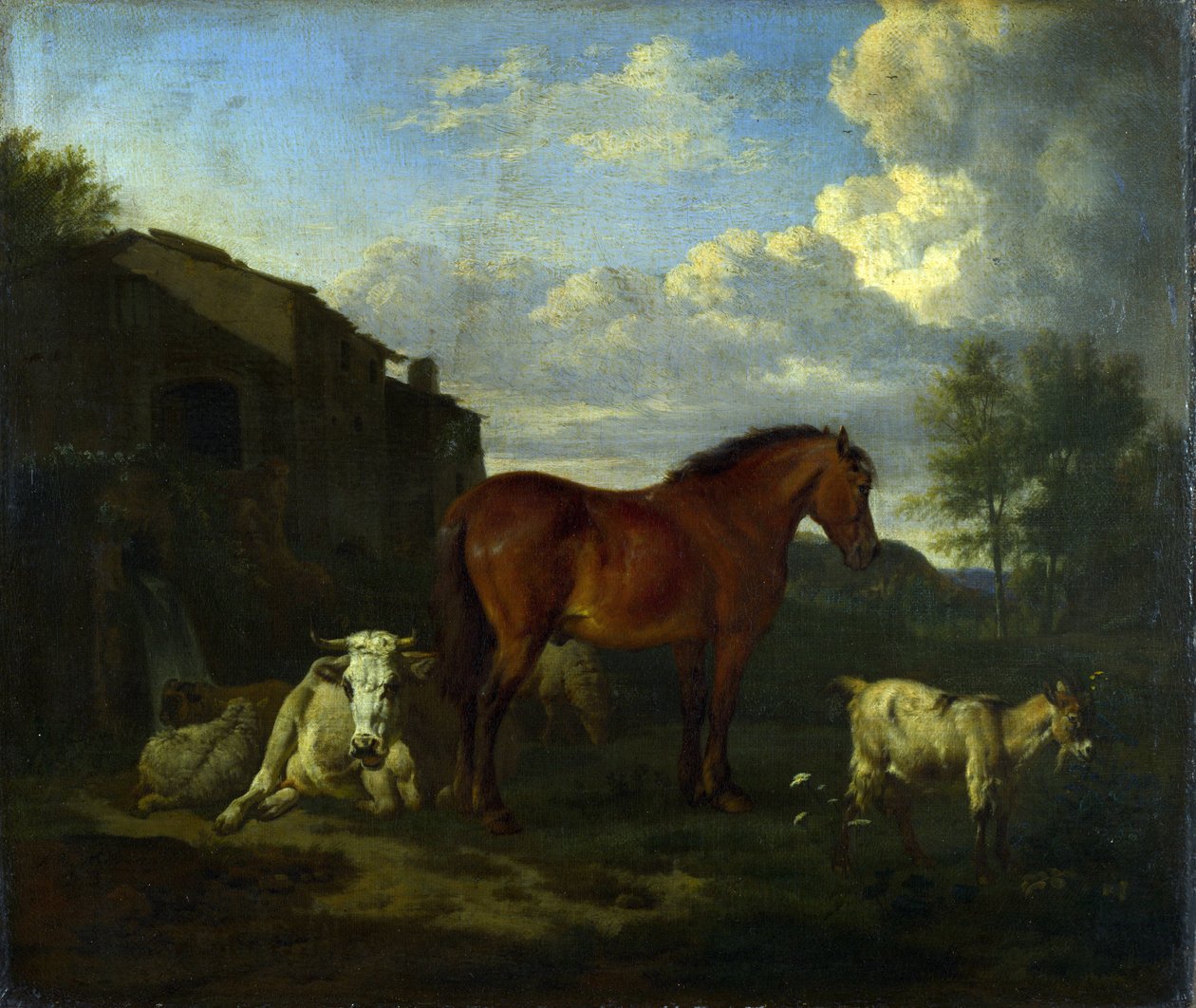 En bugthest, en ko, en ged og tre får i nærheden af en bygning af Adriaen van de Velde