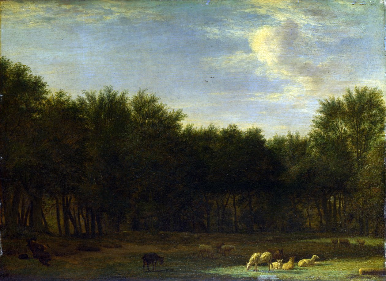 Kanten af et skov med en sovende hyrde, får og geder af Adriaen van de Velde