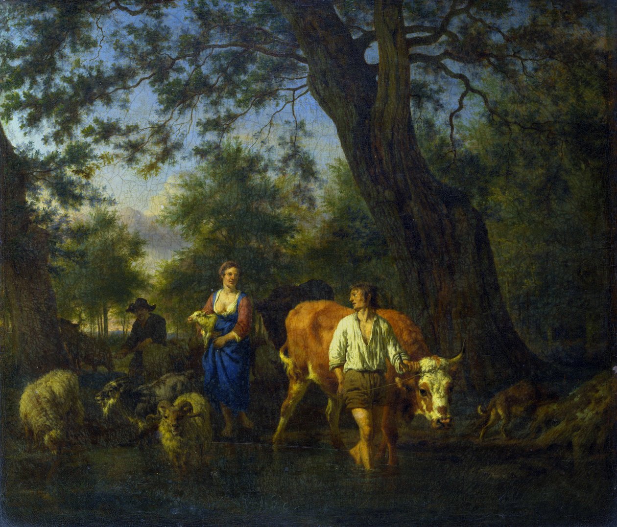 Landmænd med kvæg i det lave vand i en å af Adriaen van de Velde
