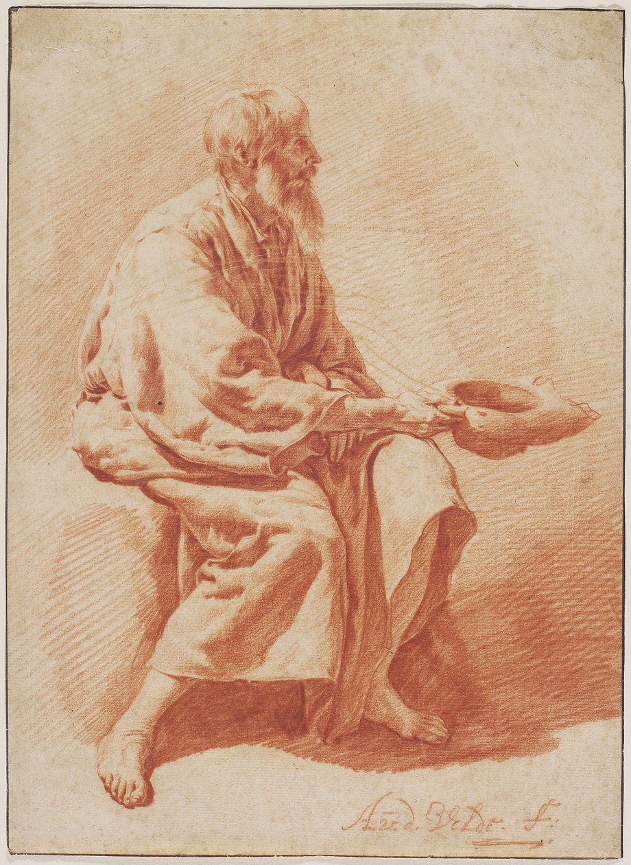 Siddende gammel mand, ca.1666 (rødkridt med spor af sort kridt på bindet papir) af Adriaen van de Velde