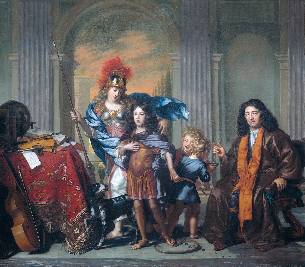 Hollandsk: Allegorische portretgroep van de familie De Bordes met Minerva Allerorisk gruppeportræt, der sandsynligvis viser Anthony de Bordes Sr., der efterlader sin søn Anthony i Minervas varetægt af Adriaen Backer