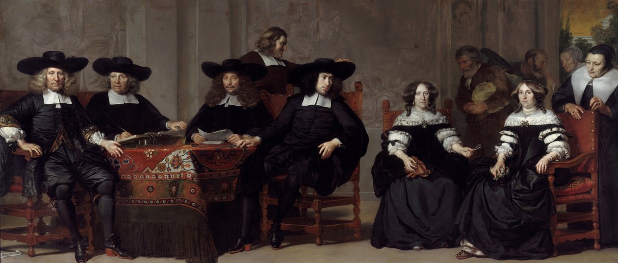 The Regents of the Old Mænds og Kvinders hjem i Amsterdam par Backer, Adriaen (ca 1635-1684). Olie på lærred, størrelse: 197x457 af Adriaen Backer