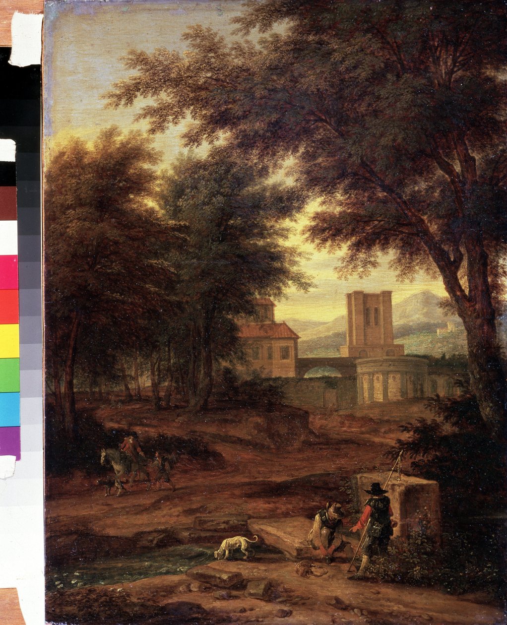Italiensk landskab med pilgrimme Maleri af Adriaen Frans Boudewijns (1644-1711) Pushkin Museum, Moskva af Adriaen Boudewyns