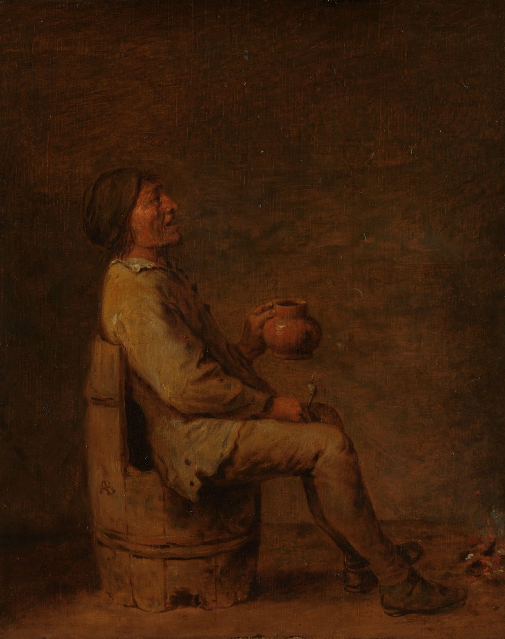 Mand siddende med et rør og en kande i et interiør af Adriaen Brouwer (possibly copy after)