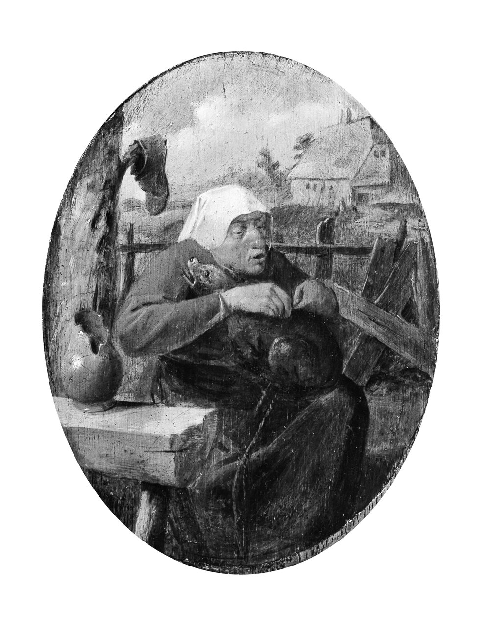 En bondekone, der plukker lopper af en hund af Adriaen Brouwer