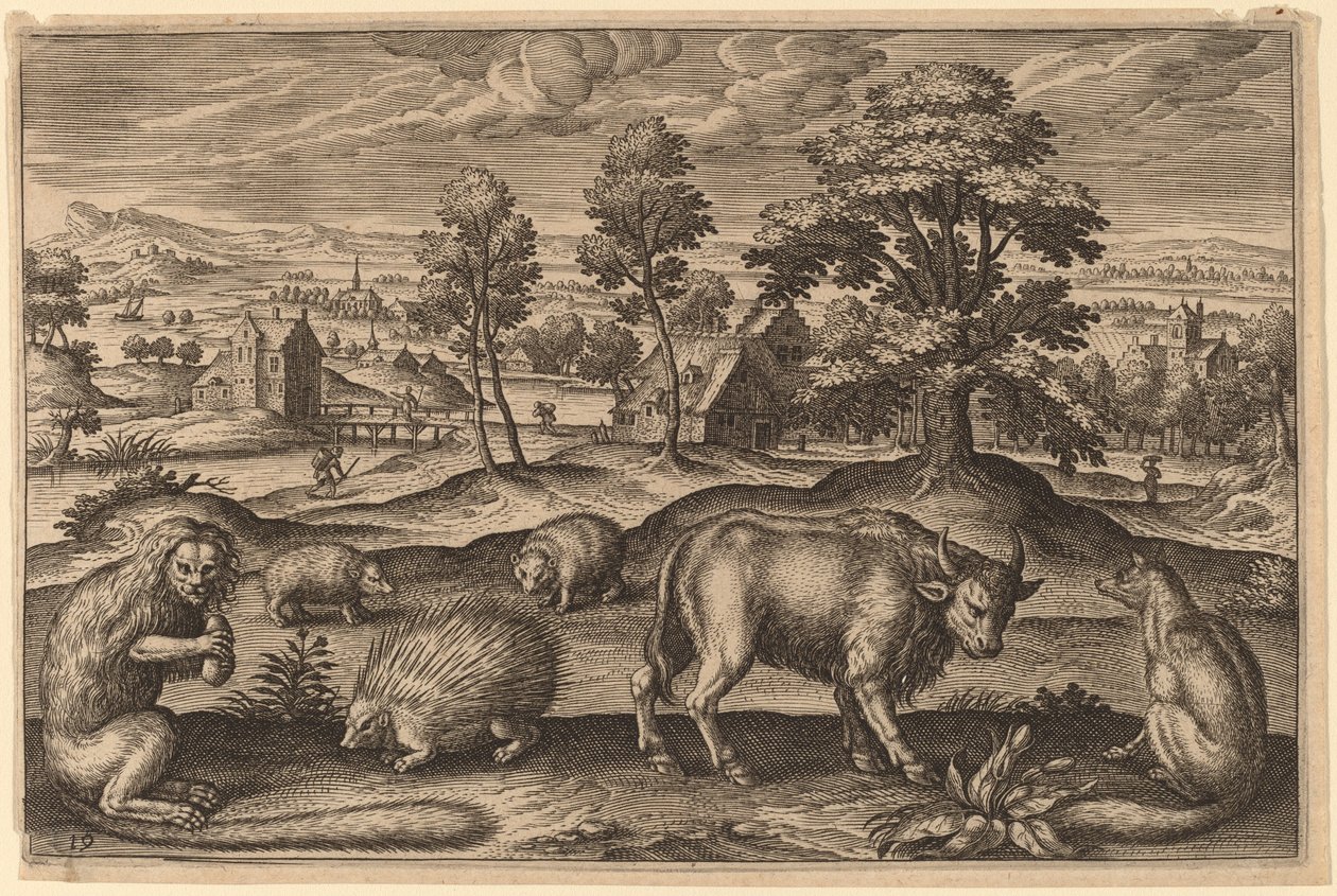 En abe, et pindsvin, to pindsvin, en bøffel og en ræv af Adriaen Collaert