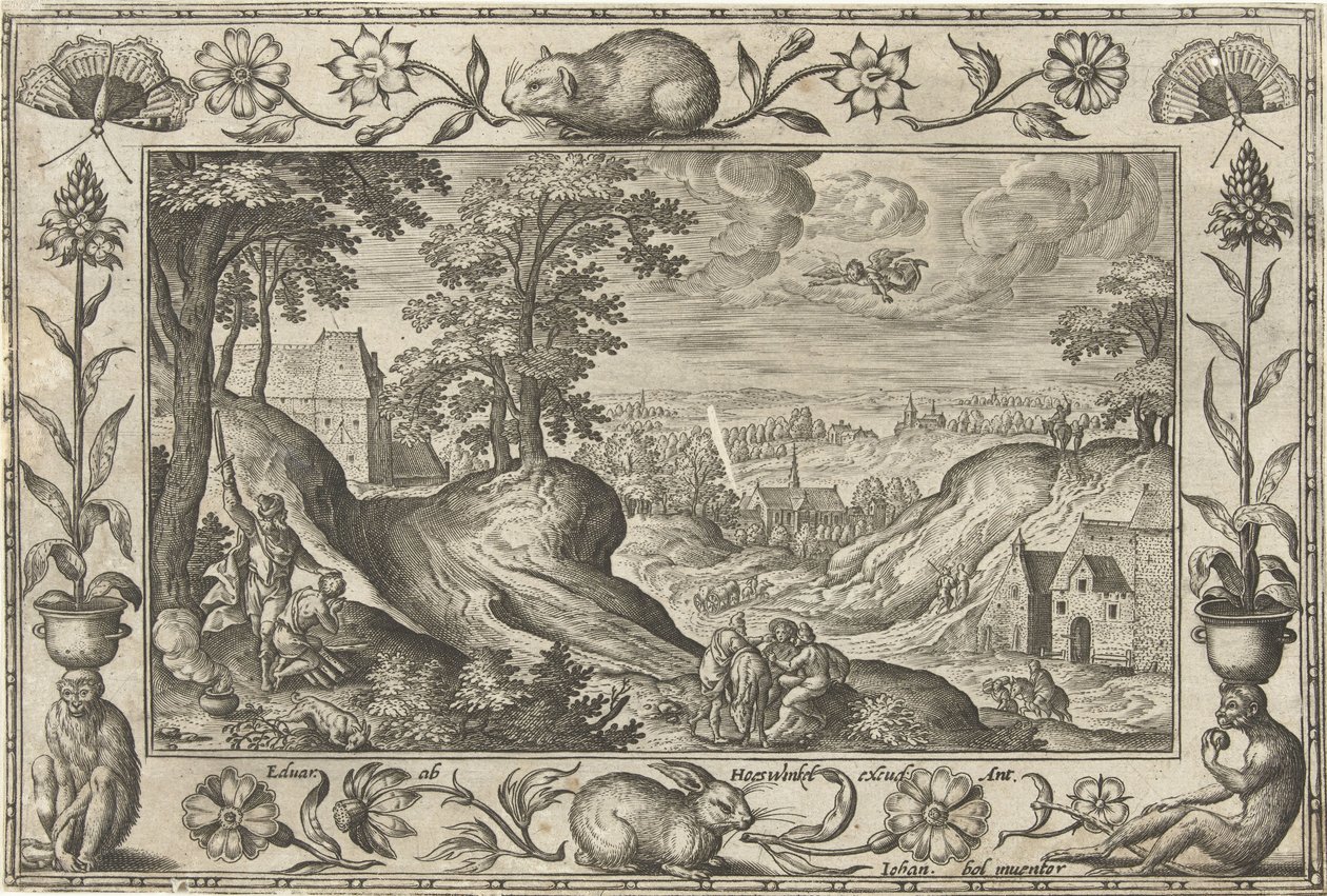 Abraham ofrer Isak Landskaber med bibelske, mytologiske scener og jagtscener (serietitel) af Adriaen Collaert