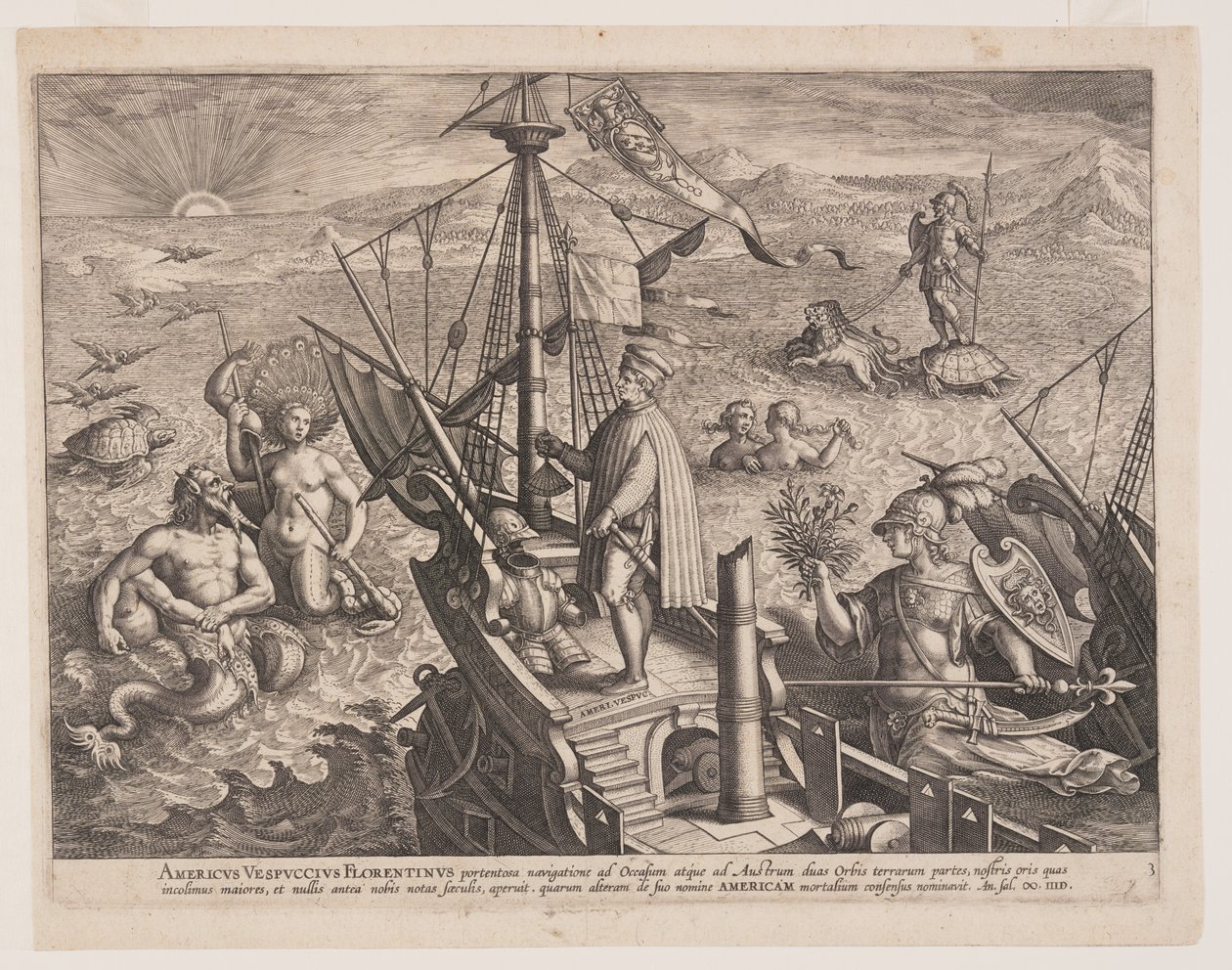 Amerigo Vespucci på sit skib, fra Americae Retectio (Opdagelsen af Amerika) af Adriaen Collaert