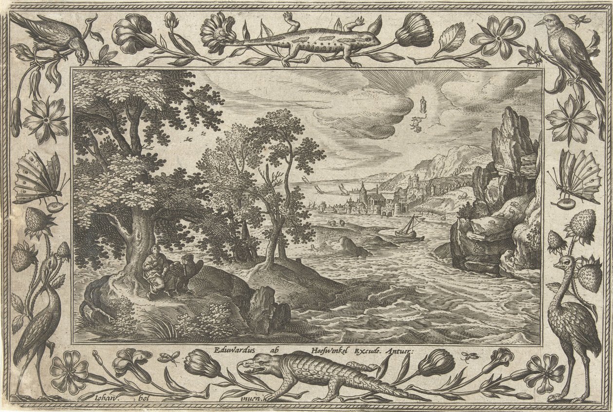 Apostlen Johannes på Patmos Landskaber med bibelske, mytologiske scener og jagtscener (serietitel) af Adriaen Collaert