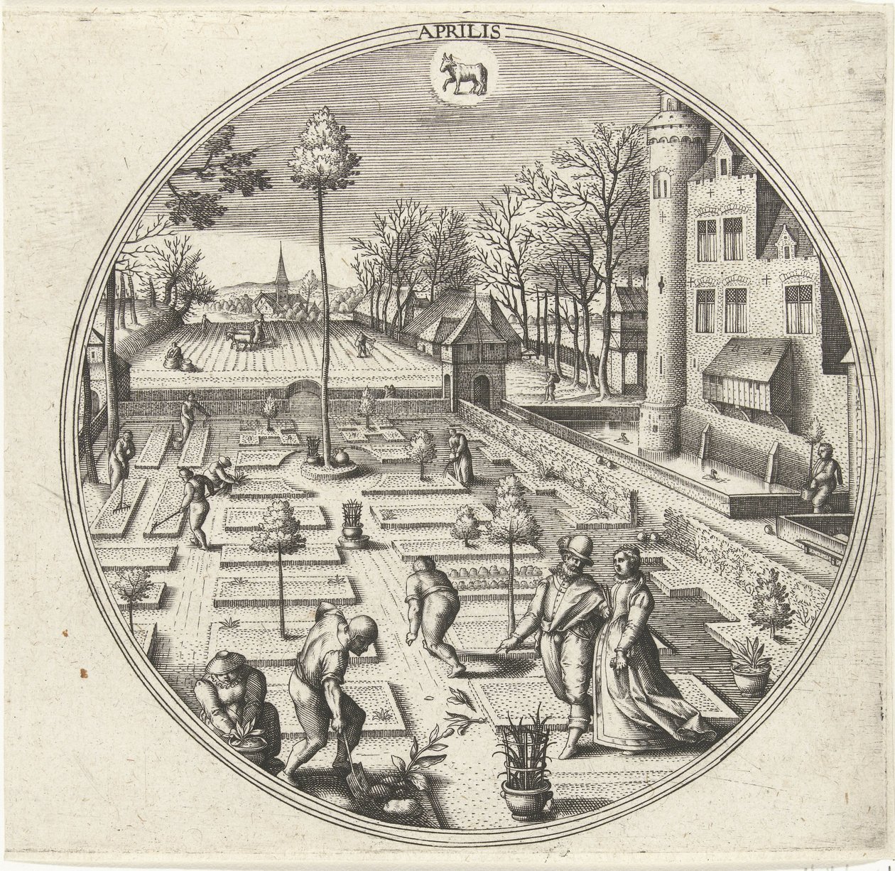 April Aprilis (titel på objekt) De tolv måneder (serietitel) af Adriaen Collaert