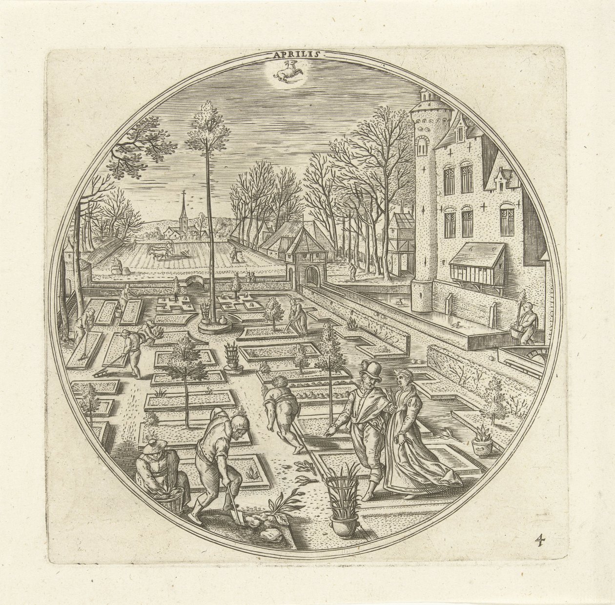April Aprilis (titel på objekt) De tolv måneder (serietitel) af Adriaen Collaert