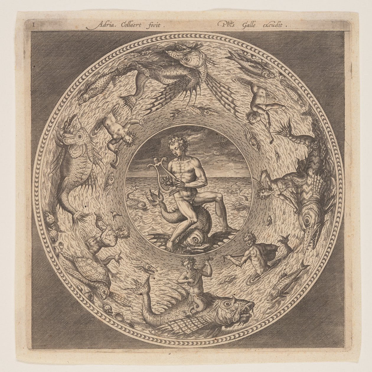 Arion på en delfin omgivet af en kant dekoreret med havdyr, fra et sæt design til tallerkener (Fonds de Coupe) af Adriaen Collaert